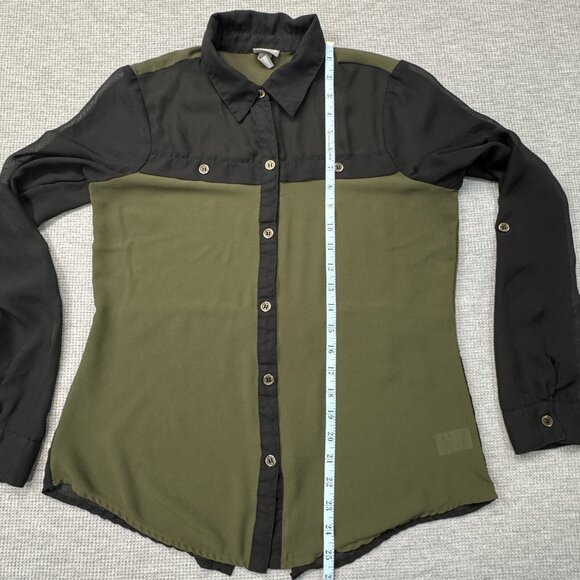 Vanity Womens Green Black Colorblock Semi Sheer Blouse Roll-tab Sleeve Sz Small - Picture 12 of 16